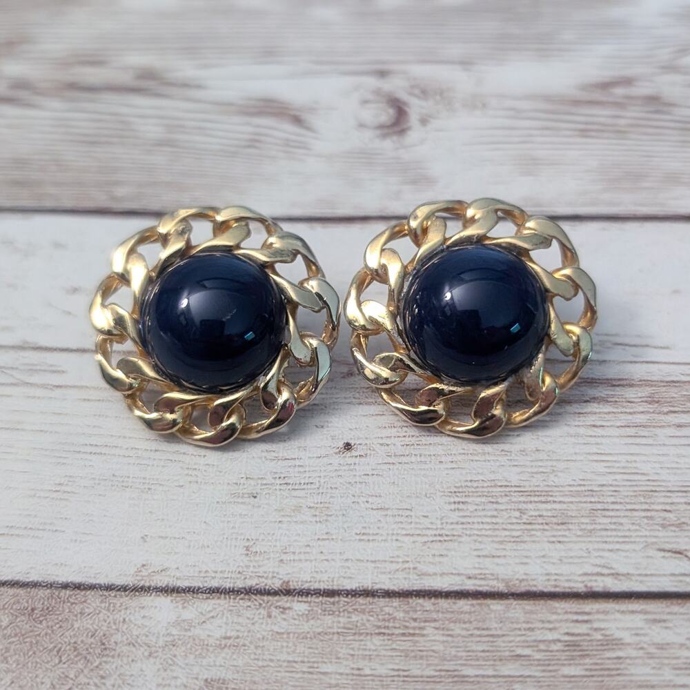 Vintage Stud Earrings For Pierced Ears Dark Blue with Chain Like Halo 1.25"